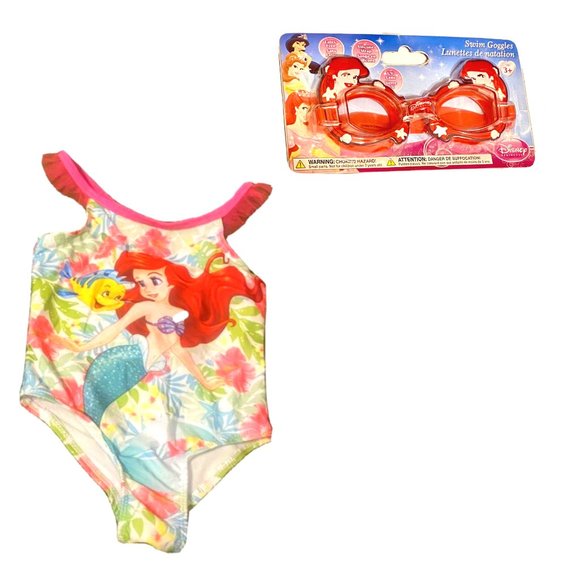 Ariel Flounder Toddler 2T Swimsuit Disney Princess and Swim Goggles Disney - Picture 1 of 1